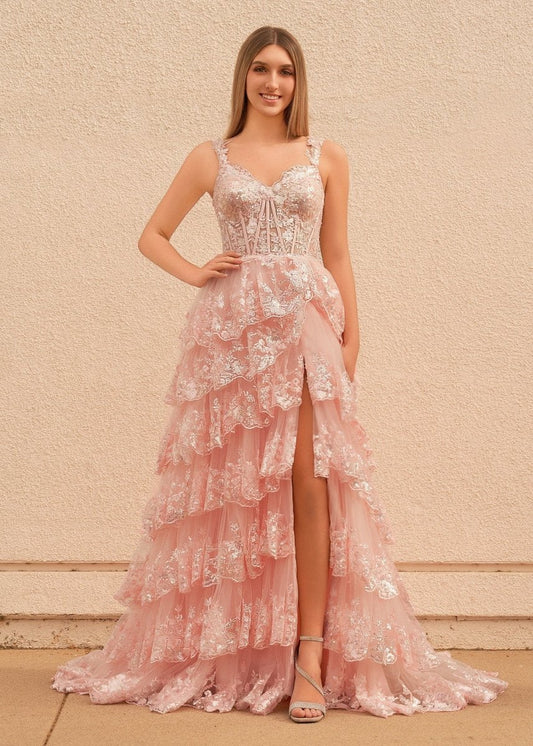 A-line Lace Off-the-Shoulder Tie Long Prom Dresses with Slit