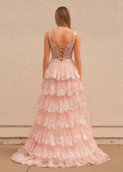 A-line Lace Off-the-Shoulder Tie Long Prom Dresses with Slit