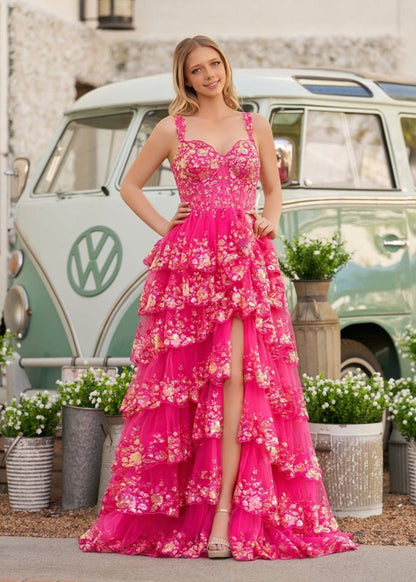 A-line Lace Off-the-Shoulder Tie Long Prom Dresses with Slit