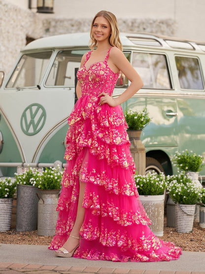 A-line Lace Off-the-Shoulder Tie Long Prom Dresses with Slit