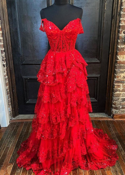 A-line Lace Off-the-Shoulder Tie Long Prom Dresses with Slit