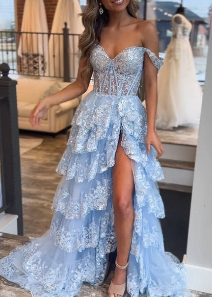 A-line Lace Off-the-Shoulder Tie Long Prom Dresses with Slit