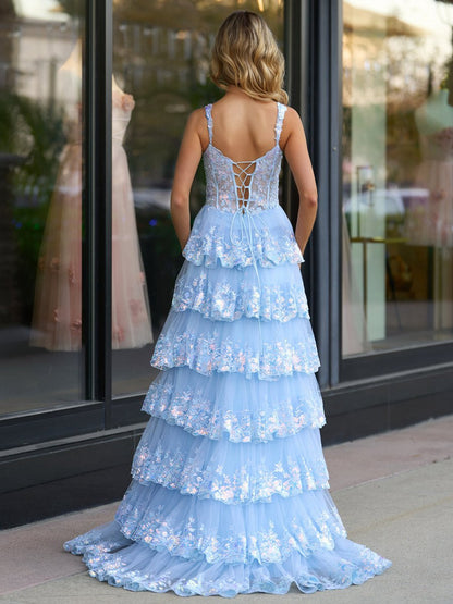 A-line Lace Off-the-Shoulder Tie Long Prom Dresses with Slit