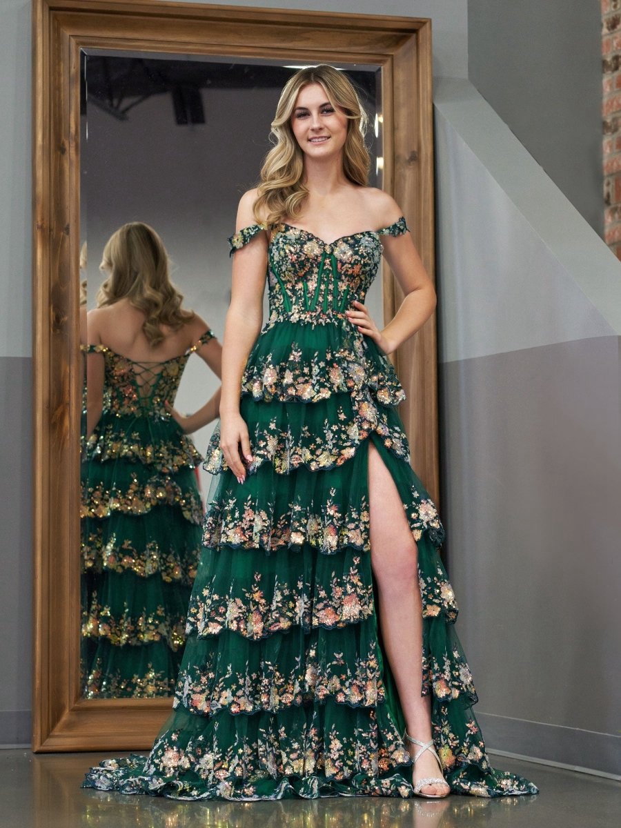 A-line Lace Off-the-Shoulder Tie Long Prom Dresses with Slit