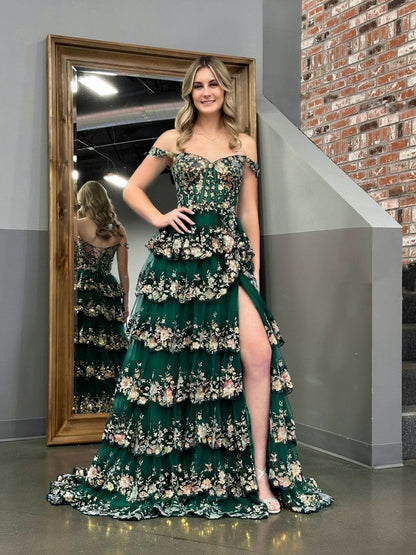 A-line Lace Off-the-Shoulder Tie Long Prom Dresses with Slit