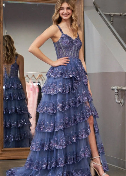 A-line Lace Off-the-Shoulder Tie Long Prom Dresses with Slit