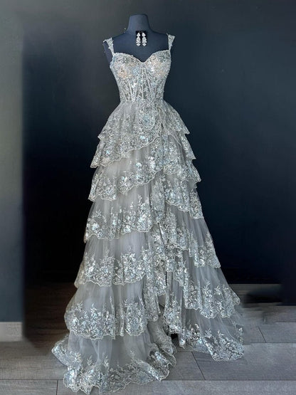 A-line Lace Off-the-Shoulder Tie Long Prom Dresses with Slit