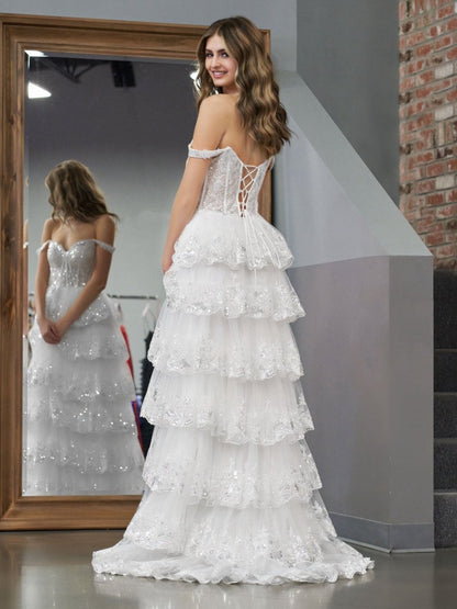 A-line Lace Off-the-Shoulder Tie Long Prom Dresses with Slit