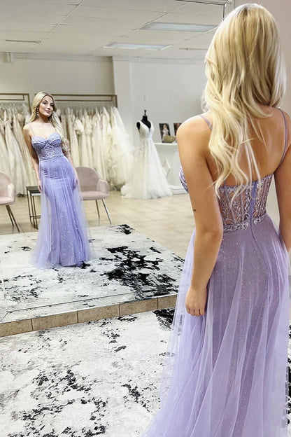 Mermaid Spaghetti Straps Corset Prom Dresses with Slit