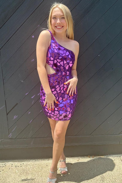Cut Glass Mirror One-Shoulder Cutout Short Party Dresses