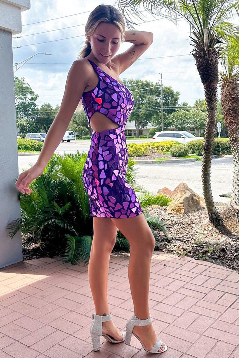 Cut Glass Mirror One-Shoulder Cutout Short Party Dresses