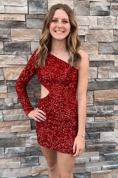 Sequin One-Sleeve Cutout Short Homecoming Dresses