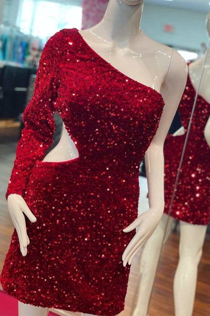 Sequin One-Sleeve Cutout Short Homecoming Dresses