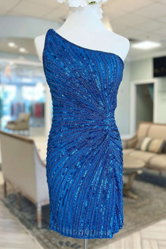 Beaded One-Shoulder Short Cocktail Dresses