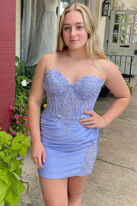 Periwinkle Appliques Strapless Sheer Bodice Ruched Short Dresses