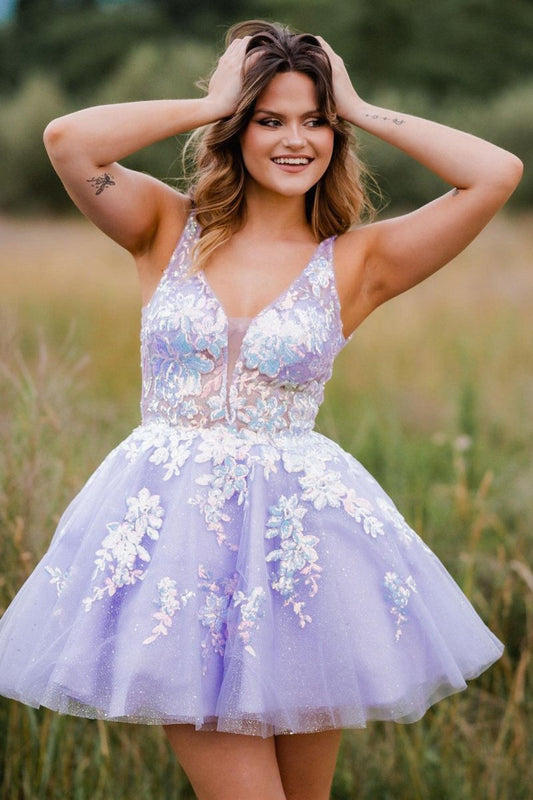 Lace Plunge V Backless A-line Short Homecoming Dresses