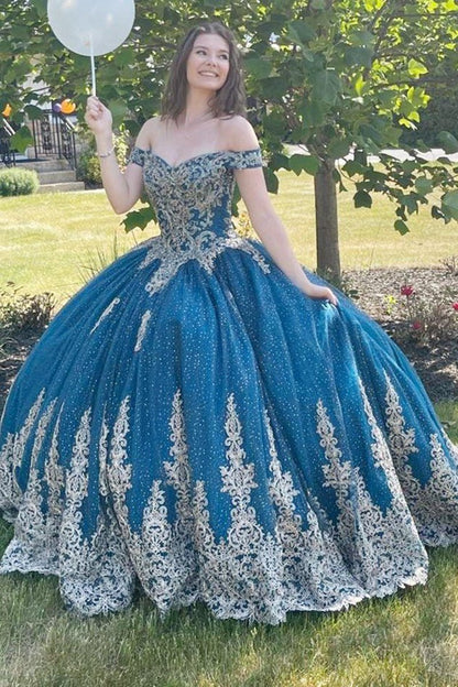 Sparkly Off-the-Shoulder Lace Up Back Quinceanera Dresses