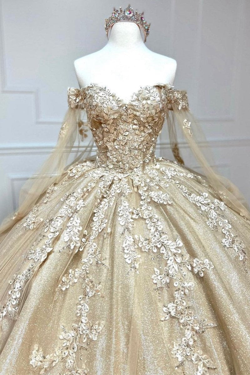 Glamorous Gold Sweetheart Quinceanera Dresses with Cape Sleeves