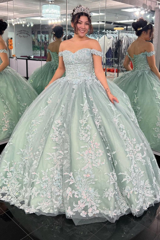 Off-the-Shoulder Dusty Sage Appliques with Lace Up Quinceanera Dresses
