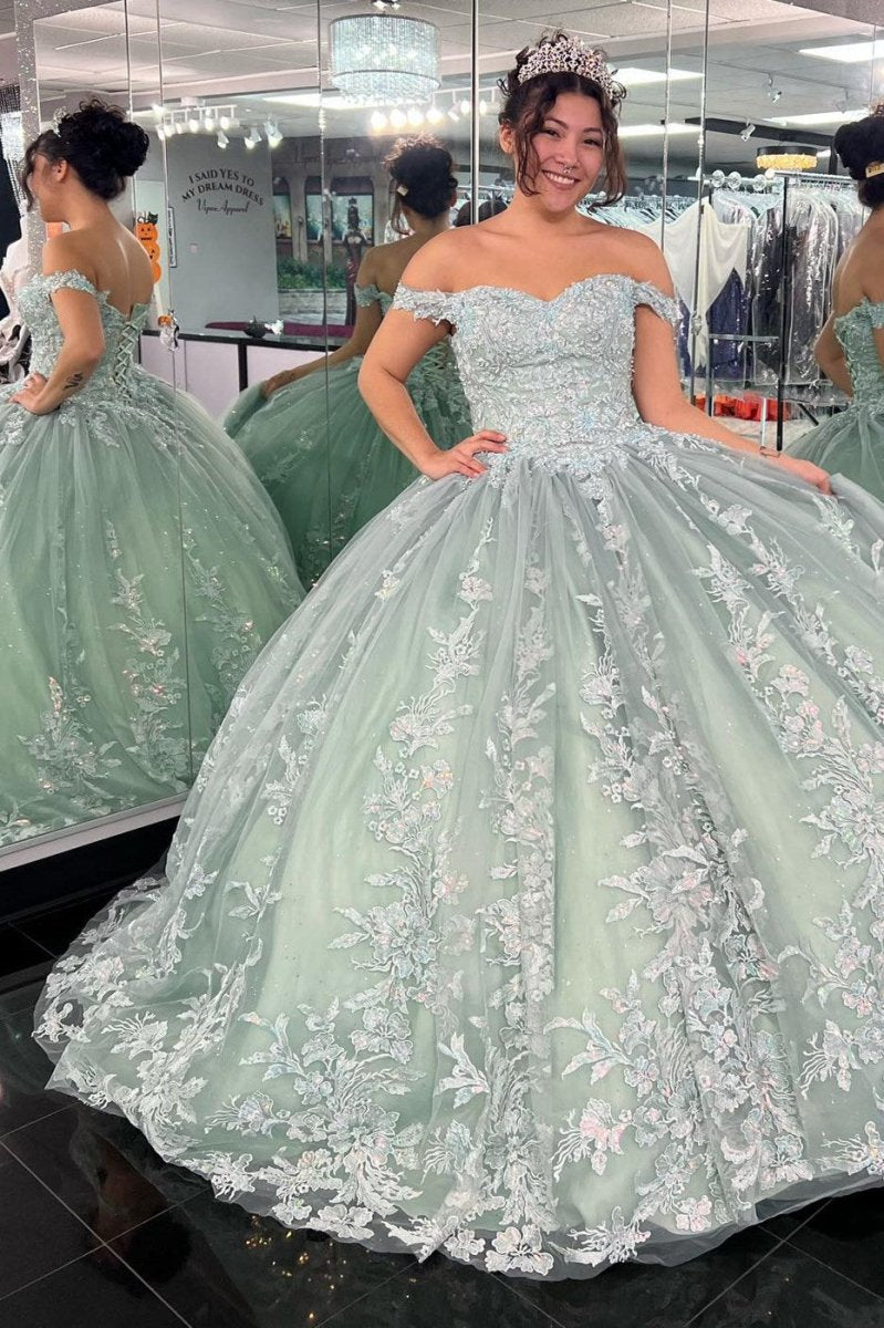 Off-the-Shoulder Dusty Sage Appliques with Lace Up Quinceanera Dresses