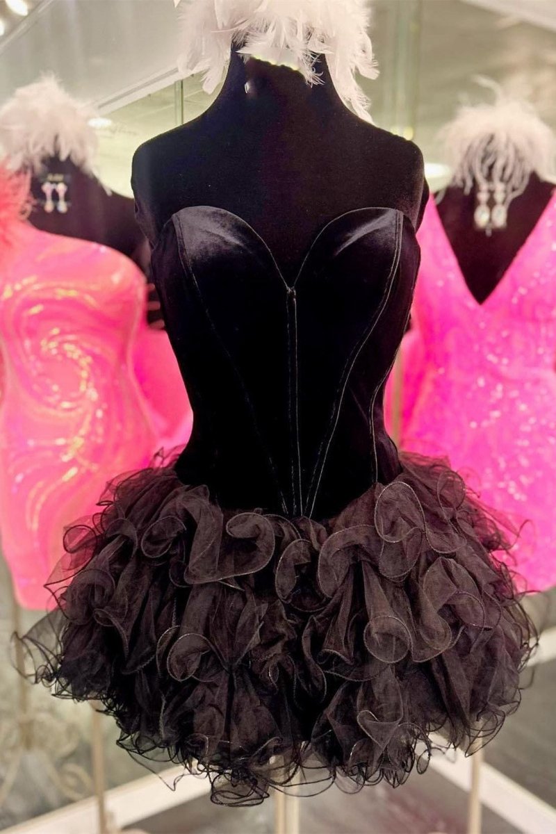 Velvet Strapless Ruffles Short Homecoming Dresses