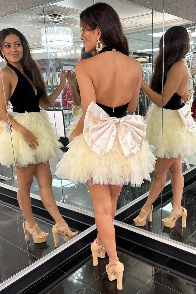 Halter Bow Back Ruffle Tie Short Cocktail Dresses