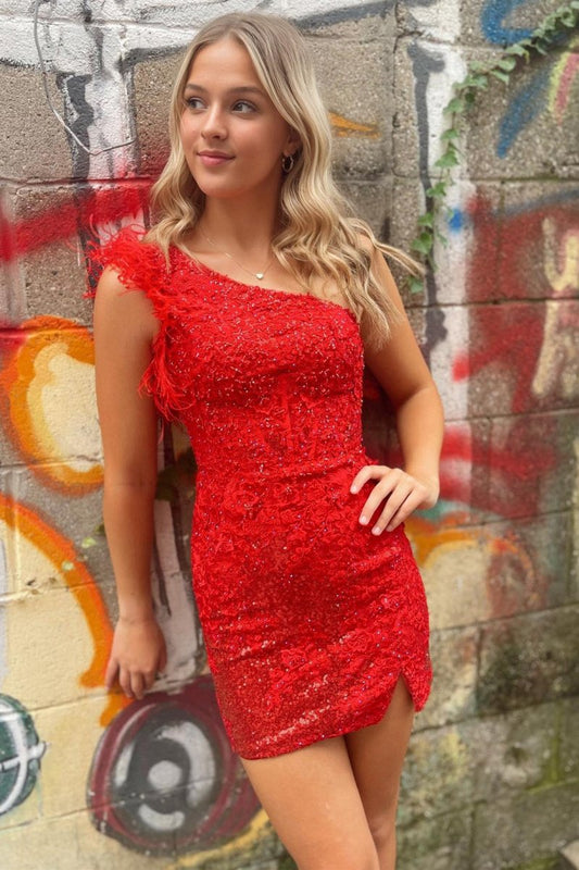 One-Shoulder Sequin Lace Short Homecoming Dresses with Feathers