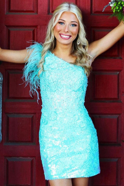 One-Shoulder Sequin Lace Short Homecoming Dresses with Feathers