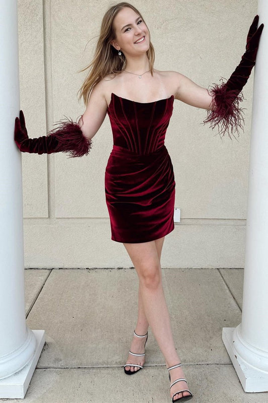 Wine Velvet Strapless Bodycon Short Homecoming Dresses
