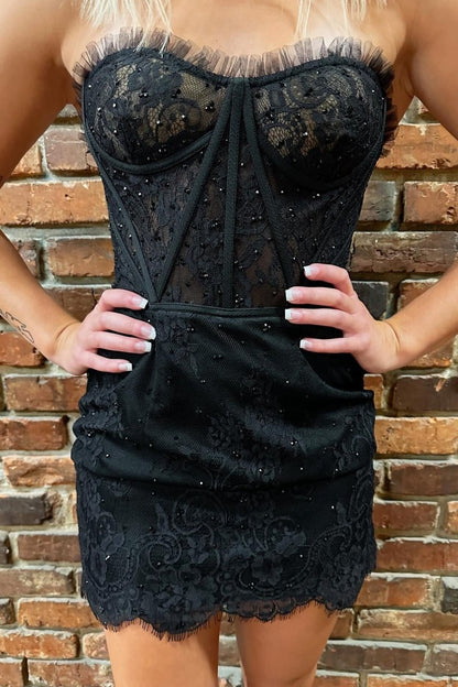 Strapless Eyelash Lace Short Dresses