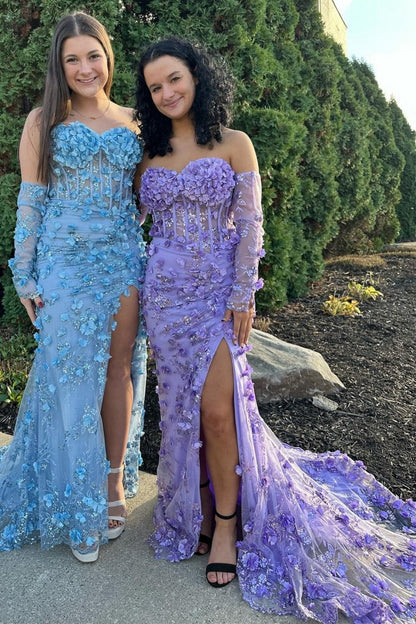 3D Floral Lace Strapless Long Prom Dresses with Detachable Sleeves