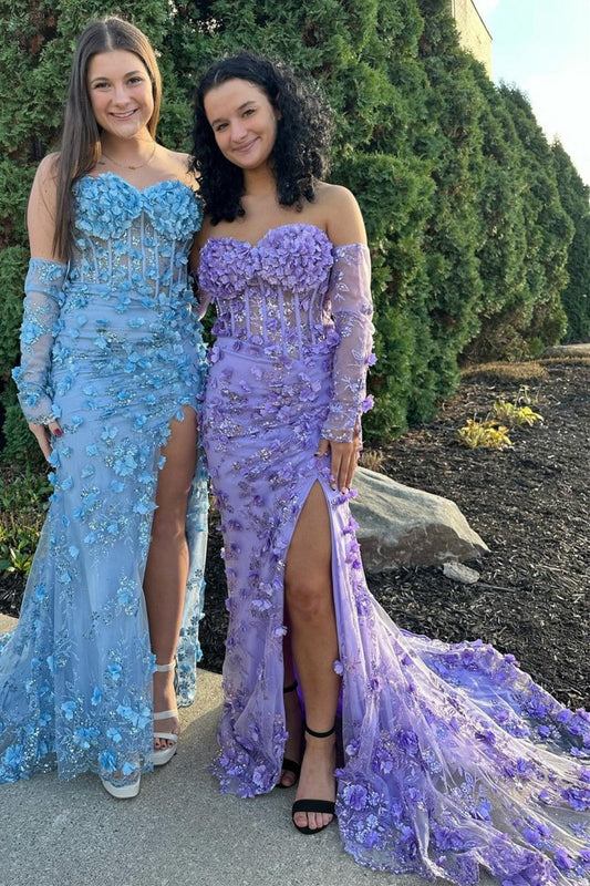 3D Floral Lace Strapless Long Prom Dresses with Detachable Sleeves