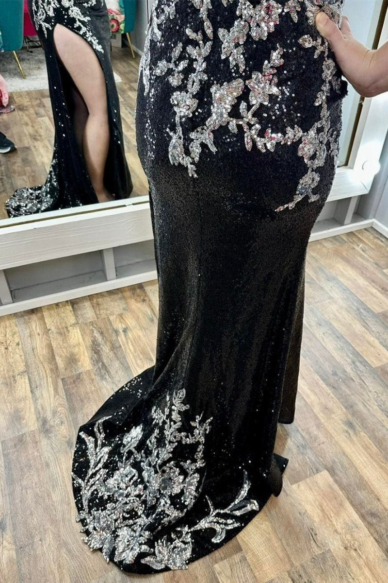 Sequin Appliques Spaghetti Strap Long Prom Dresses with Slit