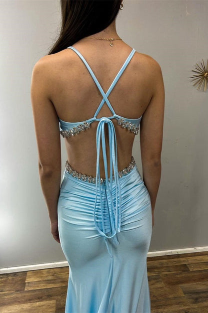 V-Neck Cutout Rhinestone Mermaid Long Formal Dresses