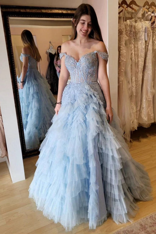 Appliques Off-the-Shoulder Ruffle Tie Long Prom Dresses