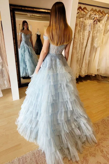 Appliques Off-the-Shoulder Ruffle Tie Long Prom Dresses