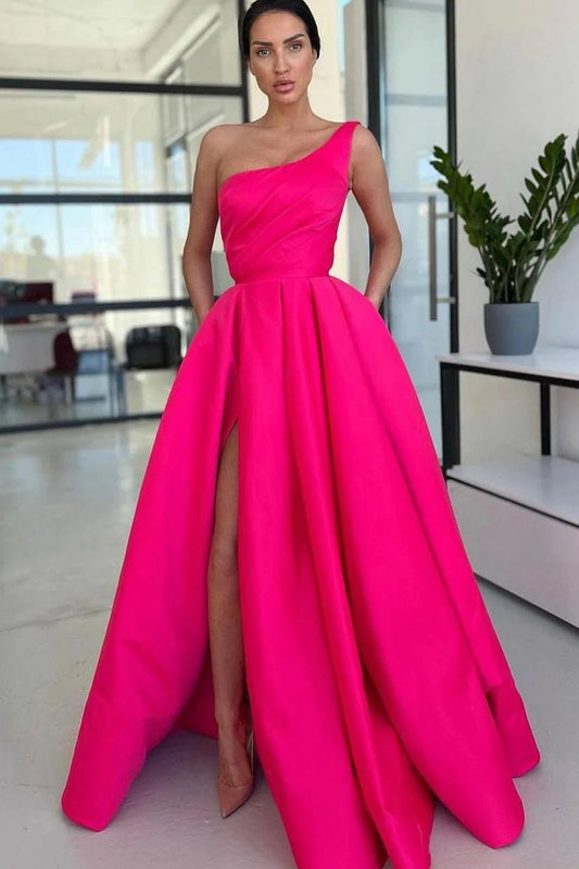  Charming A-line One Shoulder Sequins Long Prom Dresses with Slit