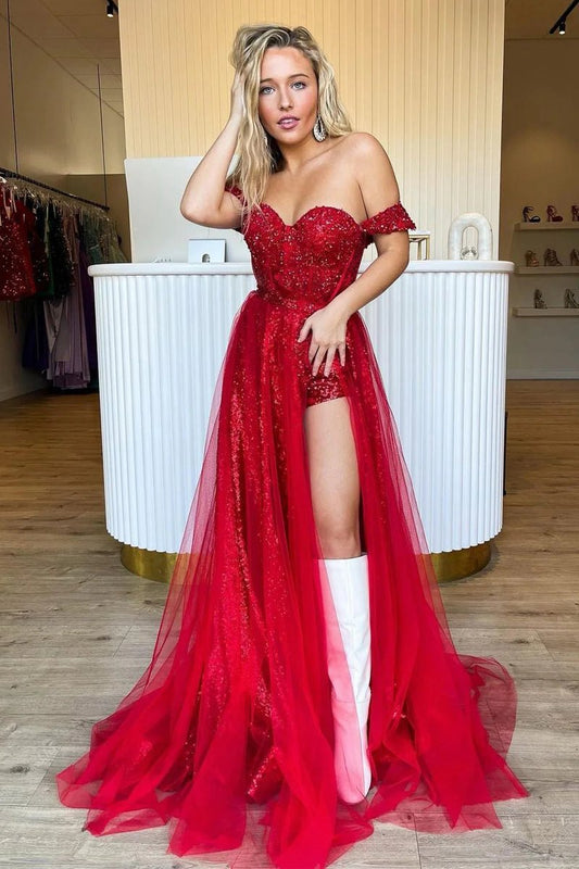  Sparkly Tow Piece Off the Shoulder Sequins Long Prom Dresses
