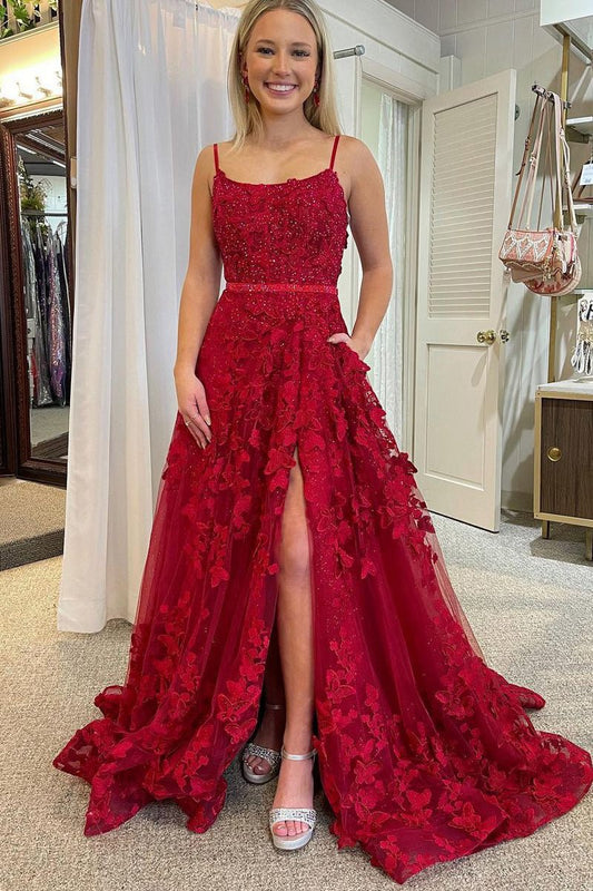  Cute A-line Scoop Neck Lace Prom Dresses with Beading