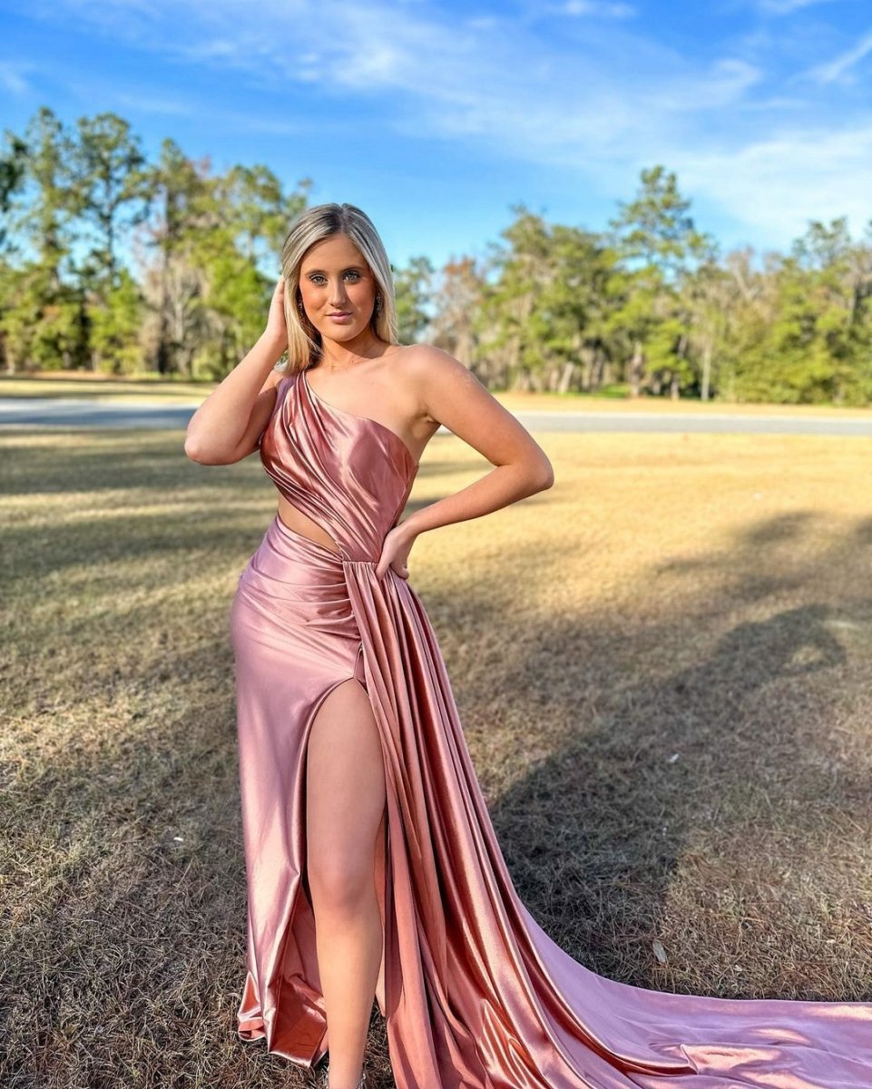  Charming Mermaid One Shoulder Satin Prom Dresses with Slit