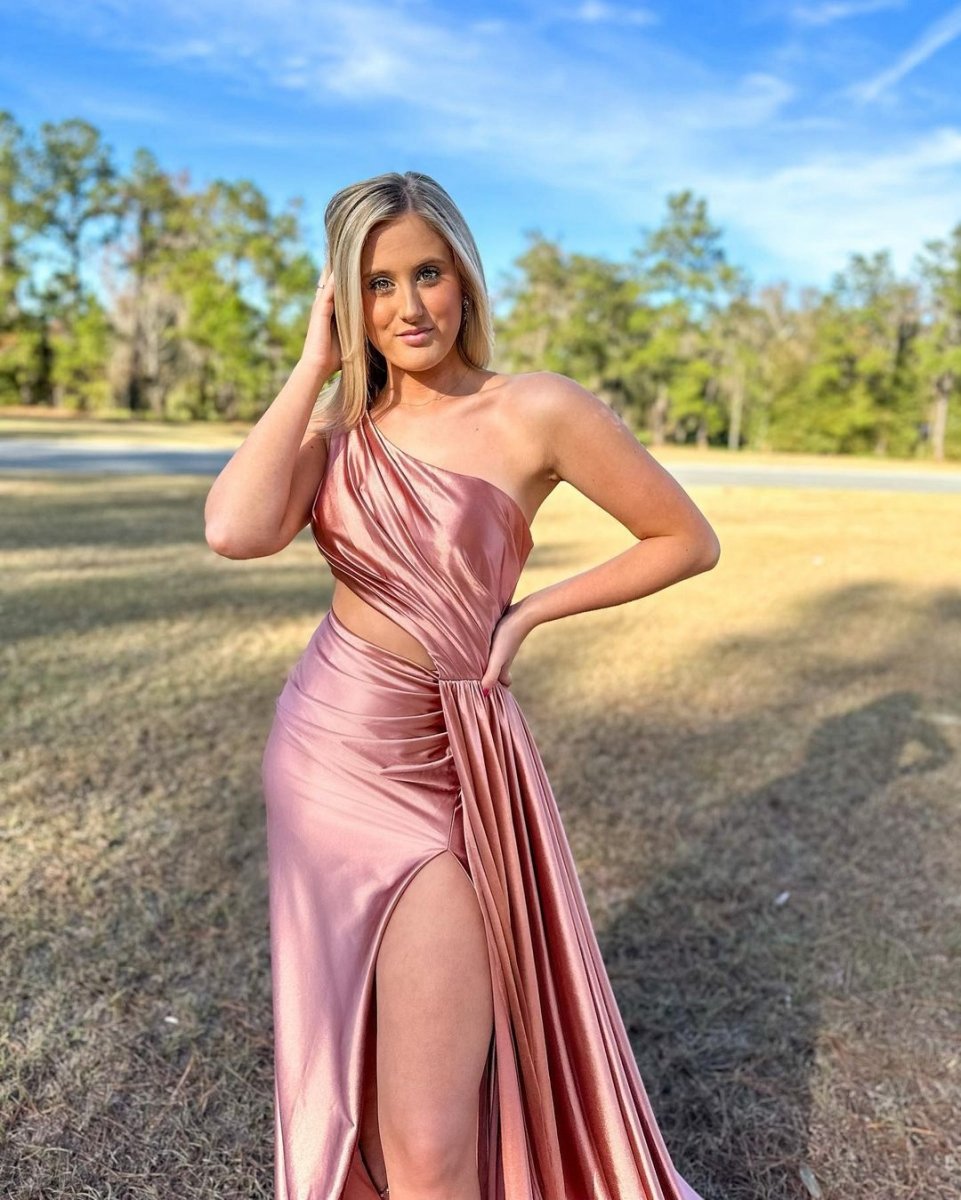  Charming Mermaid One Shoulder Satin Prom Dresses with Slit