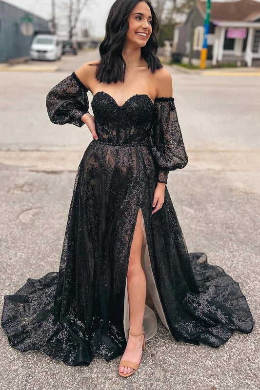 Cute A-line Sweetheart Sequins Long Prom Dresses