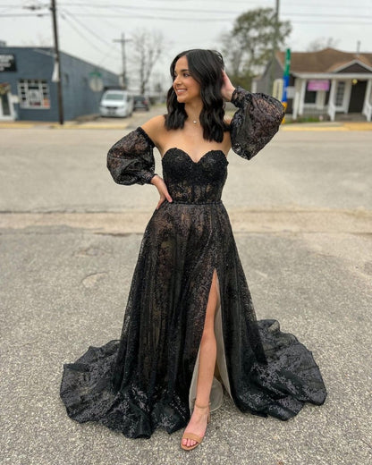 Cute A-line Sweetheart Sequins Long Prom Dresses