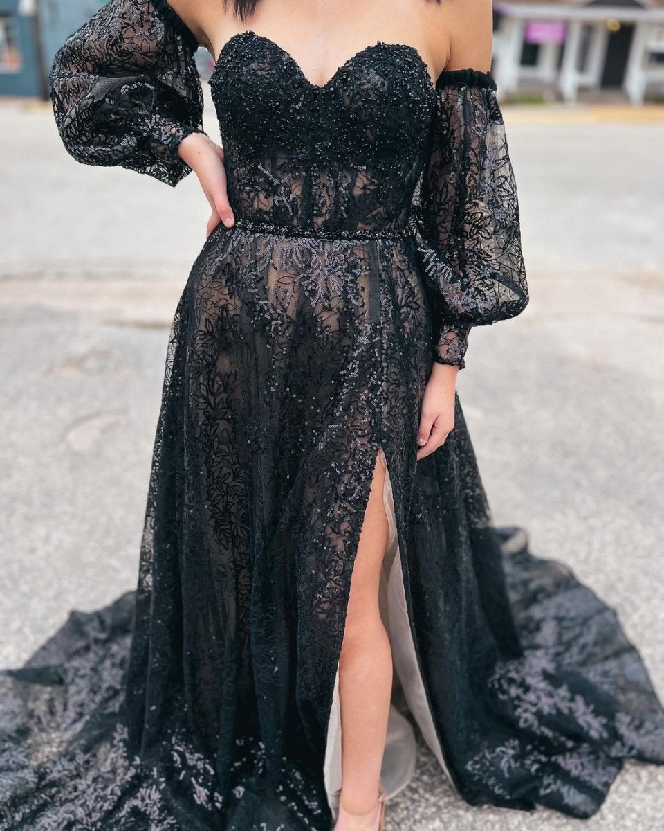 Cute A-line Sweetheart Sequins Long Prom Dresses