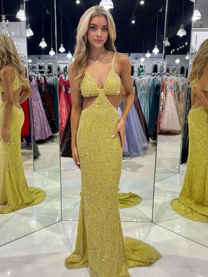 Mustard Sequins Deep V Neck Cutout Long Prom Dresses