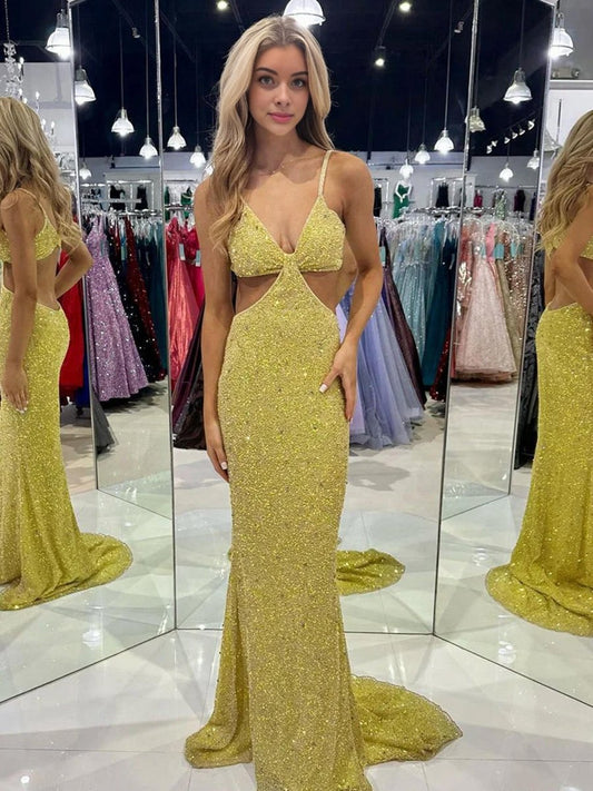Mustard Sequins Deep V Neck Cutout Long Prom Dresses