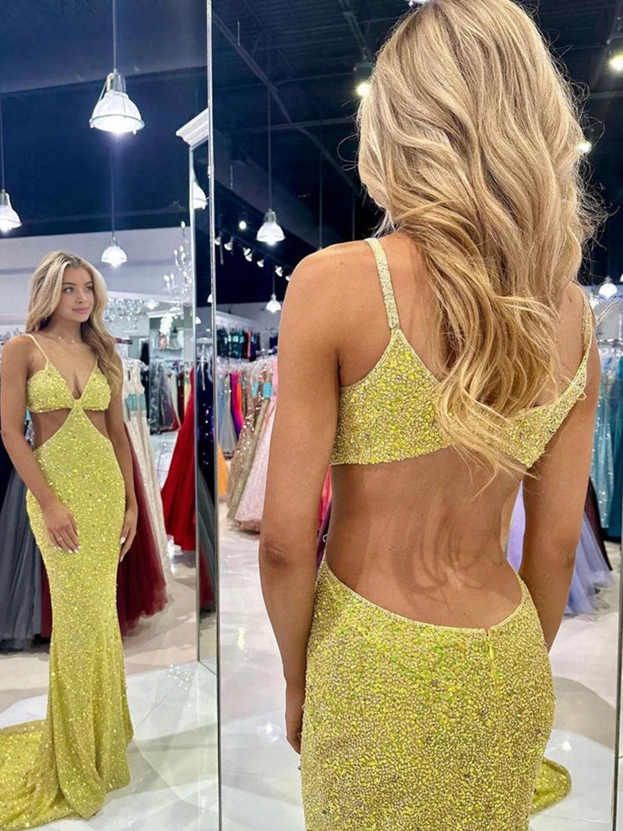 Mustard Sequins Deep V Neck Cutout Long Prom Dresses