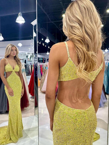 Mustard Sequins Deep V Neck Cutout Long Prom Dresses