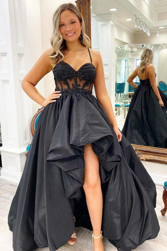Appliques Hi-Low Straps Long Prom Dresses
