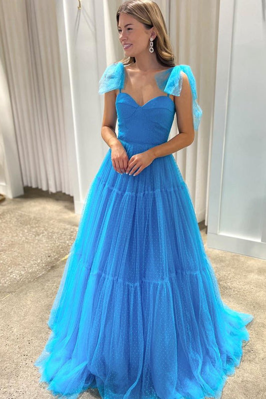 Sweetheart Tie Straps Tulle A-line Long Prom Dresses